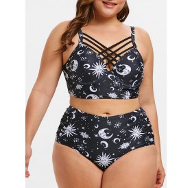 Plus Size Sun Moon Print Criss Cross Bikini Set - Black 3x