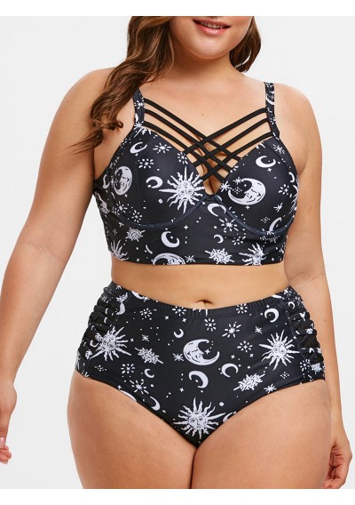 Plus Size Sun Moon Print Criss Cross Bikini Set - Black 3x