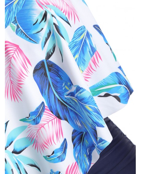 Leaf Print Flounce Plus Size High Waisted Bikini Set - Midnight Blue L