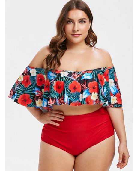 Plus Size Off Shoulder Floral Print Bikini Set - Lava Red 4x