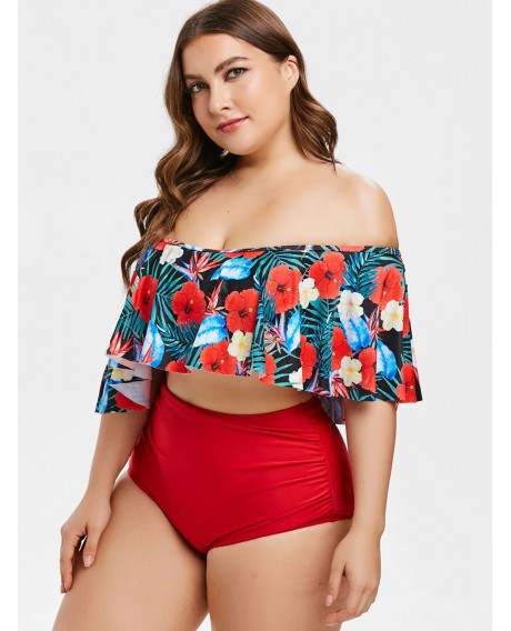 Plus Size Off Shoulder Floral Print Bikini Set - Lava Red 4x