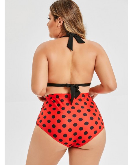 Plus Size Halter Polka Dot High Waist Bikini Set - Multi-b L