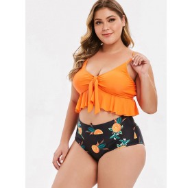 Plus Size Front Knot Orange Print Bikini Set - Dark Orange L