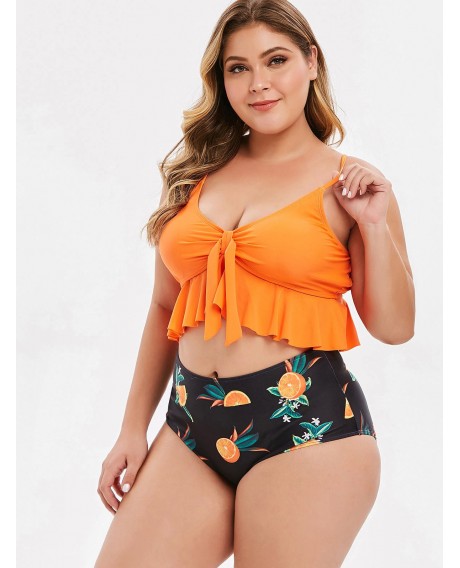 Plus Size Front Knot Orange Print Bikini Set - Dark Orange L
