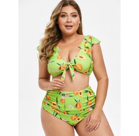 Peach Print Knotted Flounces Plus Size Bikini Set - Green Yellow L