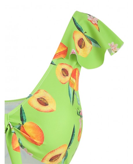 Peach Print Knotted Flounces Plus Size Bikini Set - Green Yellow L