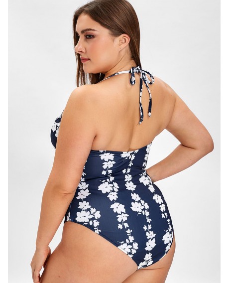 Printed Halter Neck Plus Size Swimsuit - Deep Blue 2x
