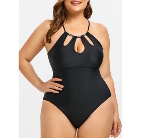 Plus Size Cutouts Metal Trim Swimsuit - Black L