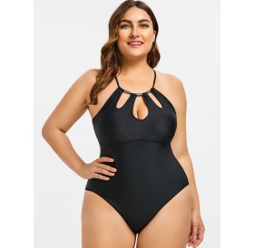 Plus Size Cutouts Metal Trim Swimsuit - Black L