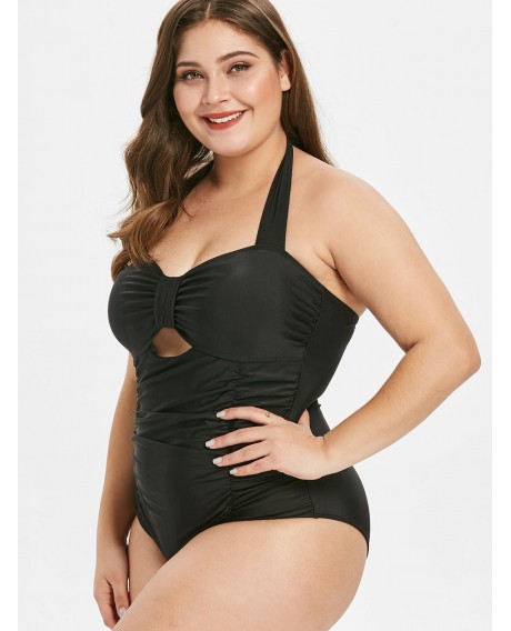 Plus Size Halter Neck Ruched One-piece Swimsuit - Black 2x
