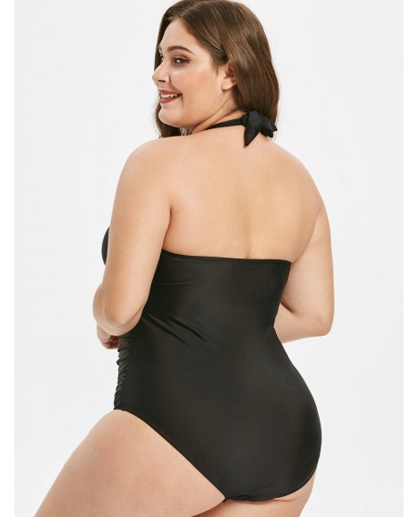 Plus Size Halter Neck Ruched One-piece Swimsuit - Black 2x