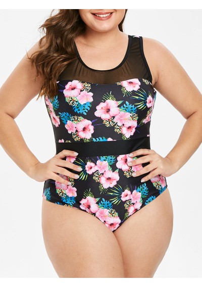 Plus Size Back Lace Up Floral Print Swimwear -  L