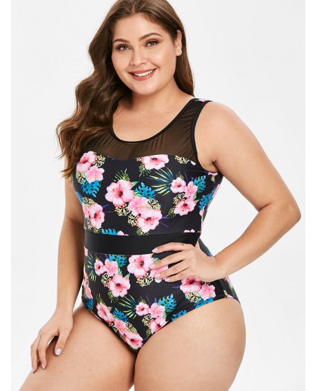 Plus Size Back Lace Up Floral Print Swimwear -  L