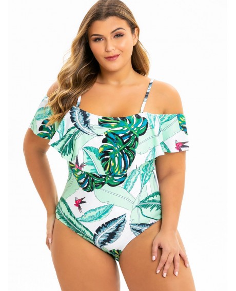 Plus Size Tropical Leaf Print Cold Shoulder One-piece Swimsuit - Multi-a L