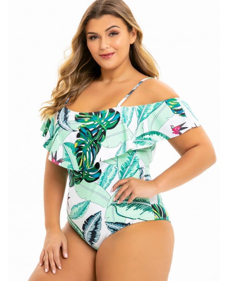 Plus Size Tropical Leaf Print Cold Shoulder One-piece Swimsuit - Multi-a L