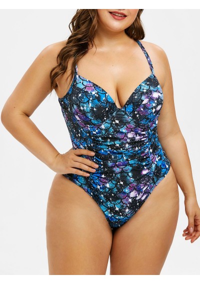 Plus Size Ruched Mermaid Scale One-piece Swimsuit - Blue L