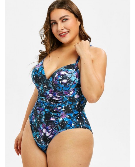 Plus Size Ruched Mermaid Scale One-piece Swimsuit - Blue L