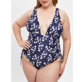 Plus Size Plunge Floral Print Swimwear - Dark Slate Blue 4x