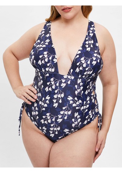Plus Size Plunge Floral Print Swimwear - Dark Slate Blue 4x