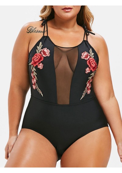 Plus Size Floral Embroidered Mesh Panel Swimsuit - Black L