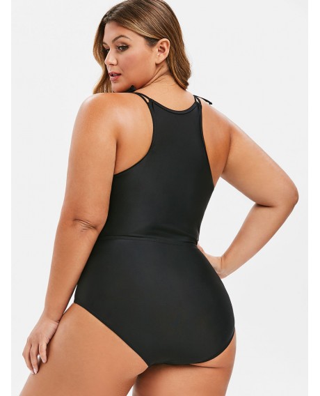 Plus Size Floral Embroidered Mesh Panel Swimsuit - Black L