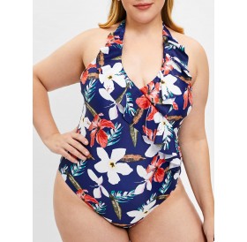 Plus Size Ruffle Insert Floral Print Swimwear -  L