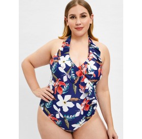Plus Size Ruffle Insert Floral Print Swimwear -  L