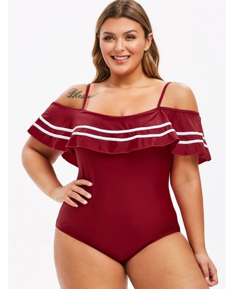 Flounces Stripes Panel Open Shoulder Plus Size Swimsuit - Red Wine L