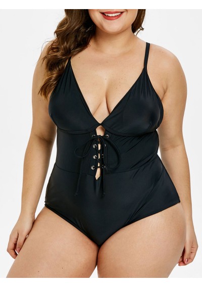 Plus Size Lace Up Padded One-piece Swimsuit - Black 1x