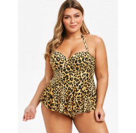 Leopard Underwire Plus Size Halter One-piece Swimsuit - Leopard M