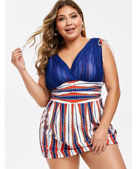 Plus Size Low Cut Printed Skirted Swimsuit -  L