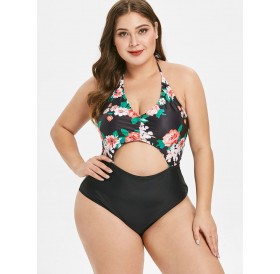 Plus Size Cut Out Floral Print Swimwear - Black 2x