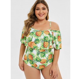 Plus Size Pineapple Print Ruffled Swimsuit - Yellow Green L