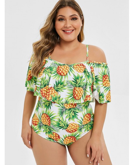 Plus Size Pineapple Print Ruffled Swimsuit - Yellow Green L