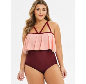 Strappy Color Block Overlay Flounces Plus Size Swimsuit - Red Wine 1x