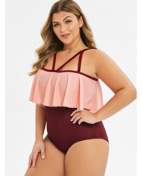 Strappy Color Block Overlay Flounces Plus Size Swimsuit - Red Wine 1x