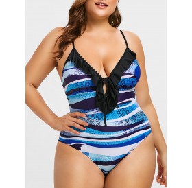 Plus Size Printed Cami Ruffle Swimsuit -  L
