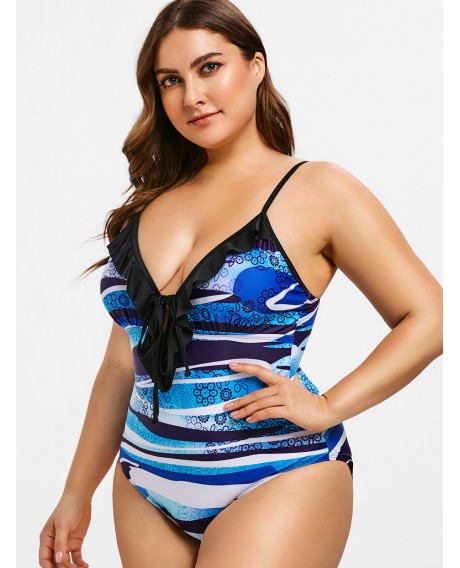Plus Size Printed Cami Ruffle Swimsuit -  L