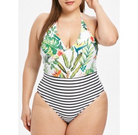 Halter Neck Plus Size Striped Panel Swimwear -  L