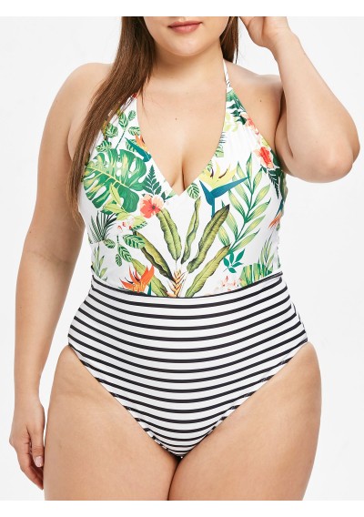 Halter Neck Plus Size Striped Panel Swimwear -  L