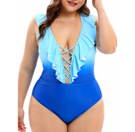 Plus Size Ombre Criss Cross Swimwear - Ocean Blue 4x