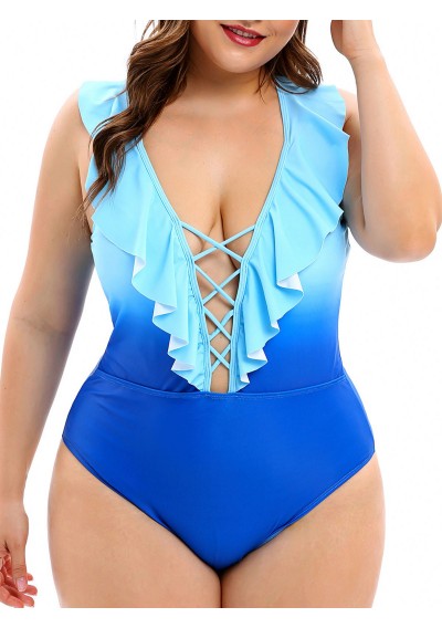 Plus Size Ombre Criss Cross Swimwear - Ocean Blue 4x