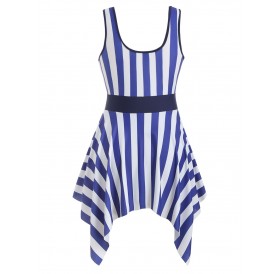 Stripes Knotted Handkerchief Plus Size Swimsuit Dress - Blue L