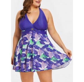 Plus Size  Floral Print Halter Neck Swimwear - Purple L