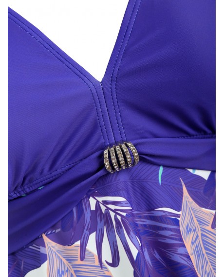 Plus Size  Floral Print Halter Neck Swimwear - Purple L