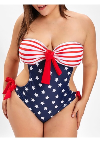 American Flag Print Cut Out Plus Size Swimsuit - Red 3x