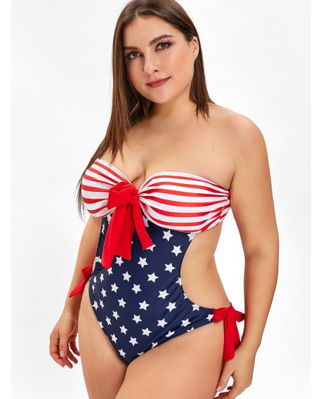 American Flag Print Cut Out Plus Size Swimsuit - Red 3x