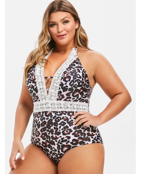 Plus Size Plunging Neckline Backless Leopard Print One-piece Swimsuit - Leopard L