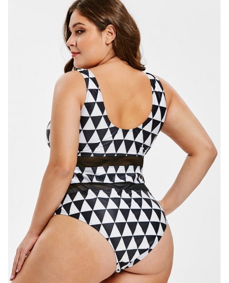 Plus Size Geometric Pattern Mesh Panel Swimwear - Black 1x
