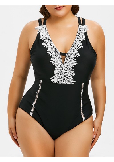 Plus Size Contrast Lace Criss Cross One-piece Swimsuit - Black L